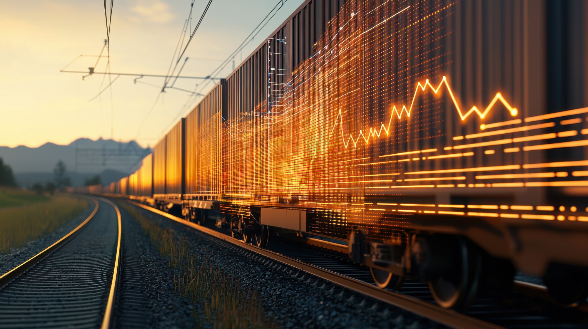 Railcars with railcar tracking data overlaid on their sides.