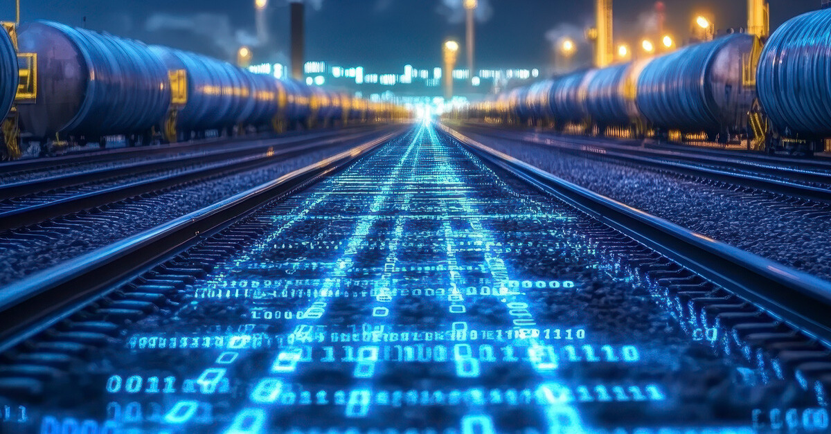 Lines of rail tank cars on either side of a rail track that has an overlay of blue numbers.