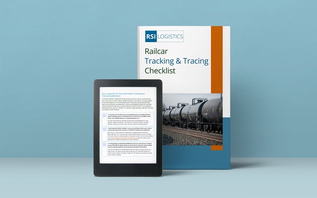 An image of RSI Logistics' Rail Tracking and Tracing checklist displayed on an e-reader and a book cover in front of a blue background.