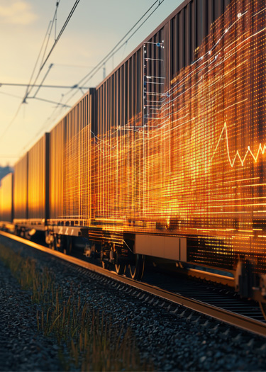 A series of rail boxcars with railcar data overlaid on top of the side.